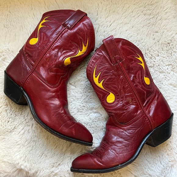 CODE WEST VINTAGE 90’s MID CALF COWBOY BOOTS WOMENS 7 Red/Yellow - Picture 1 of 15